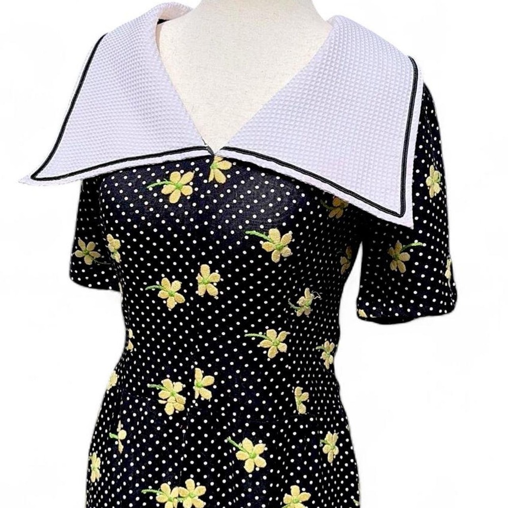 Vintage 80s Floral Embroidered Collar Sailor Dress - Picture 3 of 8